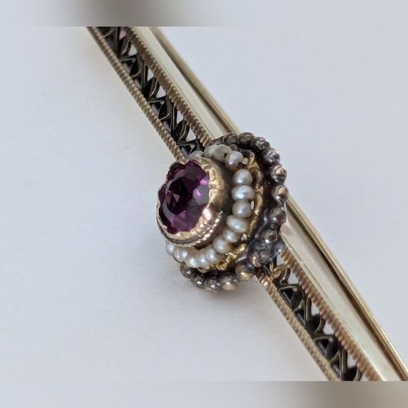 Victorian 14k Yellow Gold Amethyst Seed Pearl Halo 2.1
